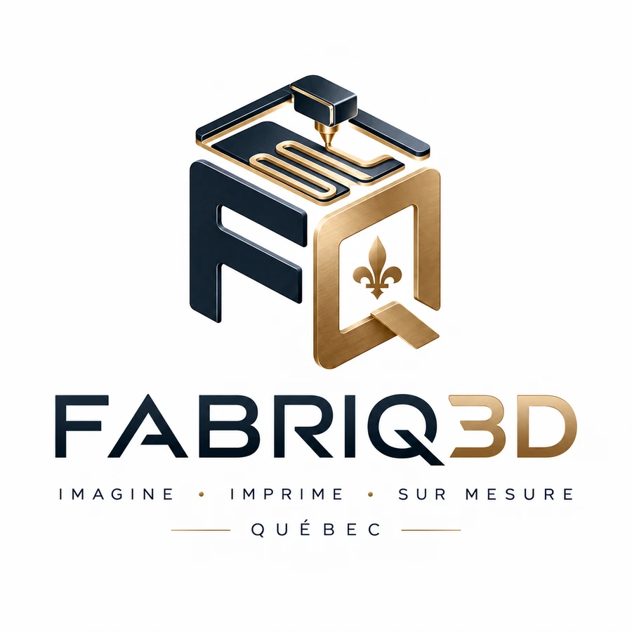 Logo Fabriq3D bleu nuit et or, avec monogramme FQ, fleur de lys et tête d’impression 3D. Imagine, imprime, sur mesure, Québec.